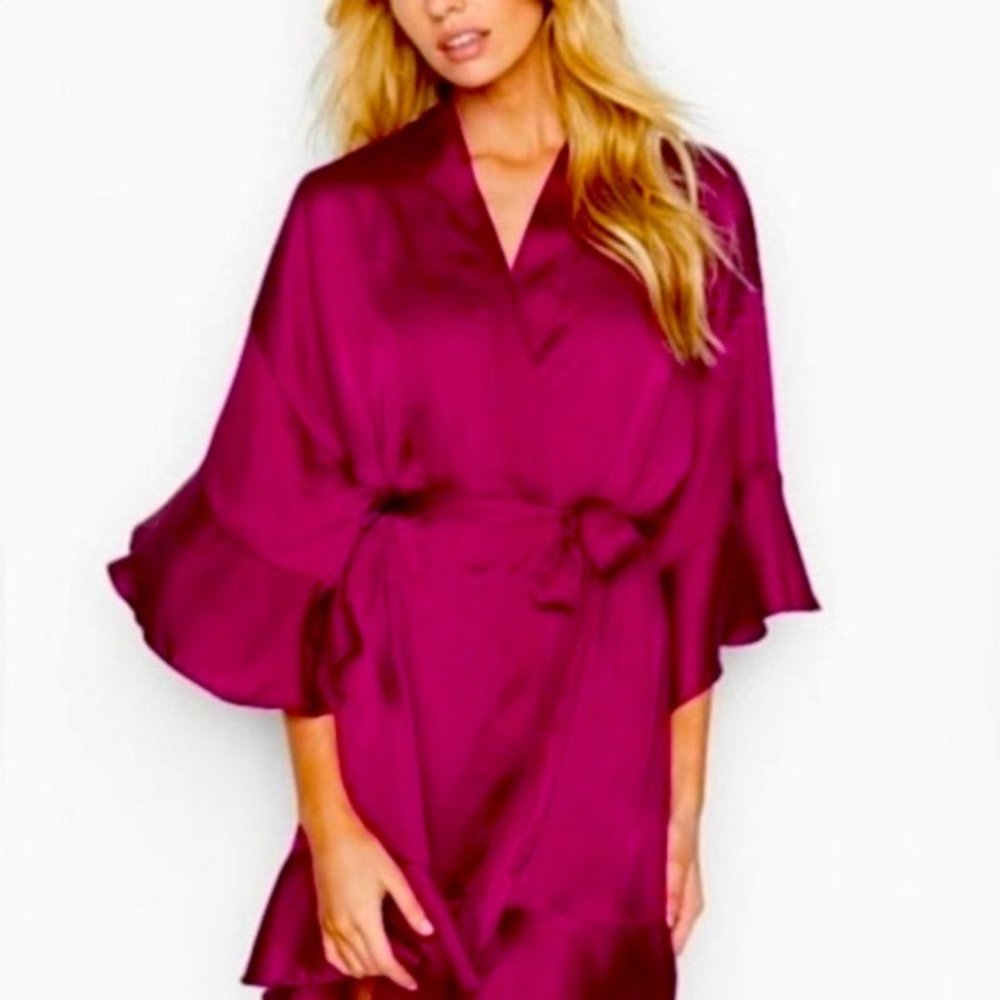 XS/S VERY SEXY Ruffle Flounce-sleeve Kimono Robe Silky Satin Red Purple